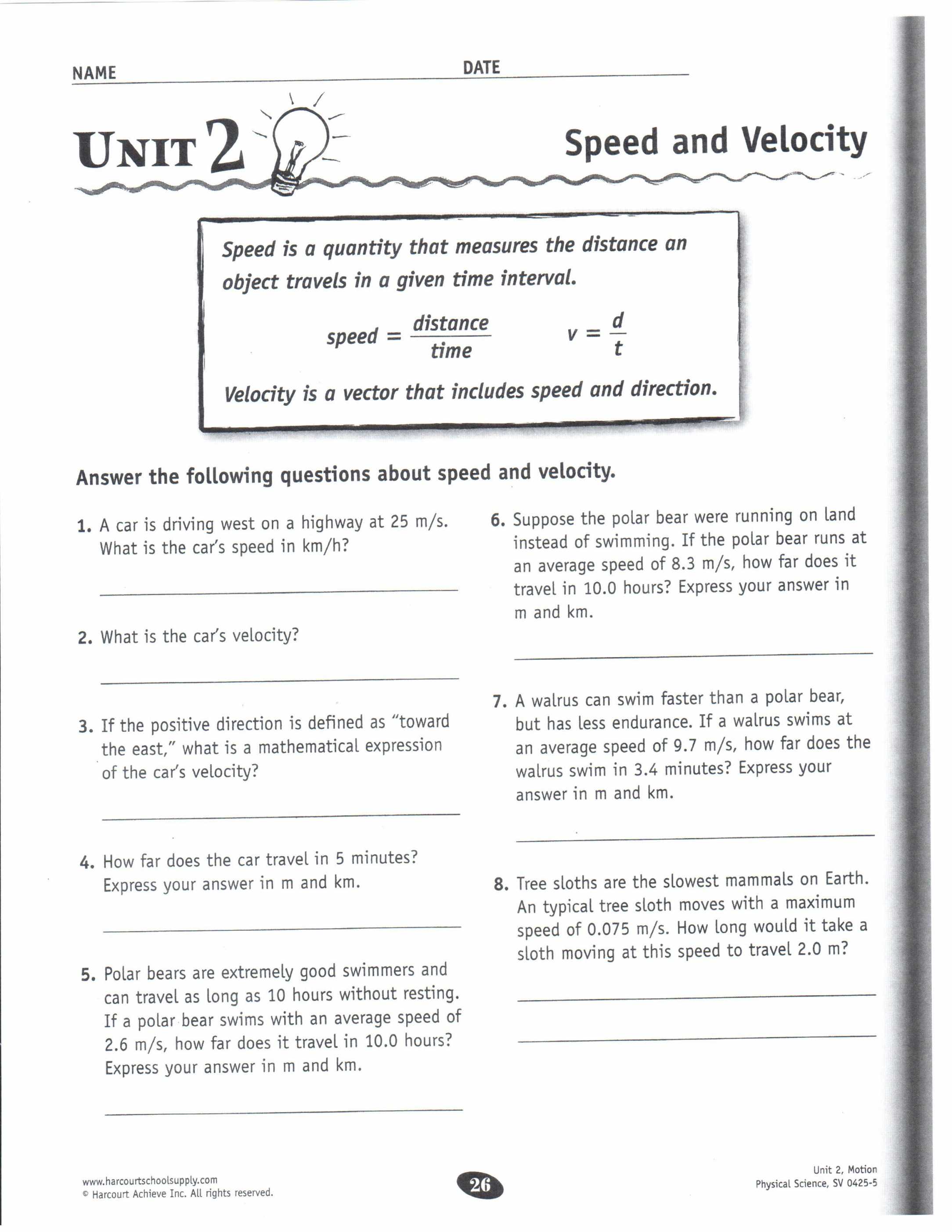 Speed Velocity and Acceleration Calculations Worksheet as Well as Worksheet Speed and Velocity Worksheet Picture Speed Velocity