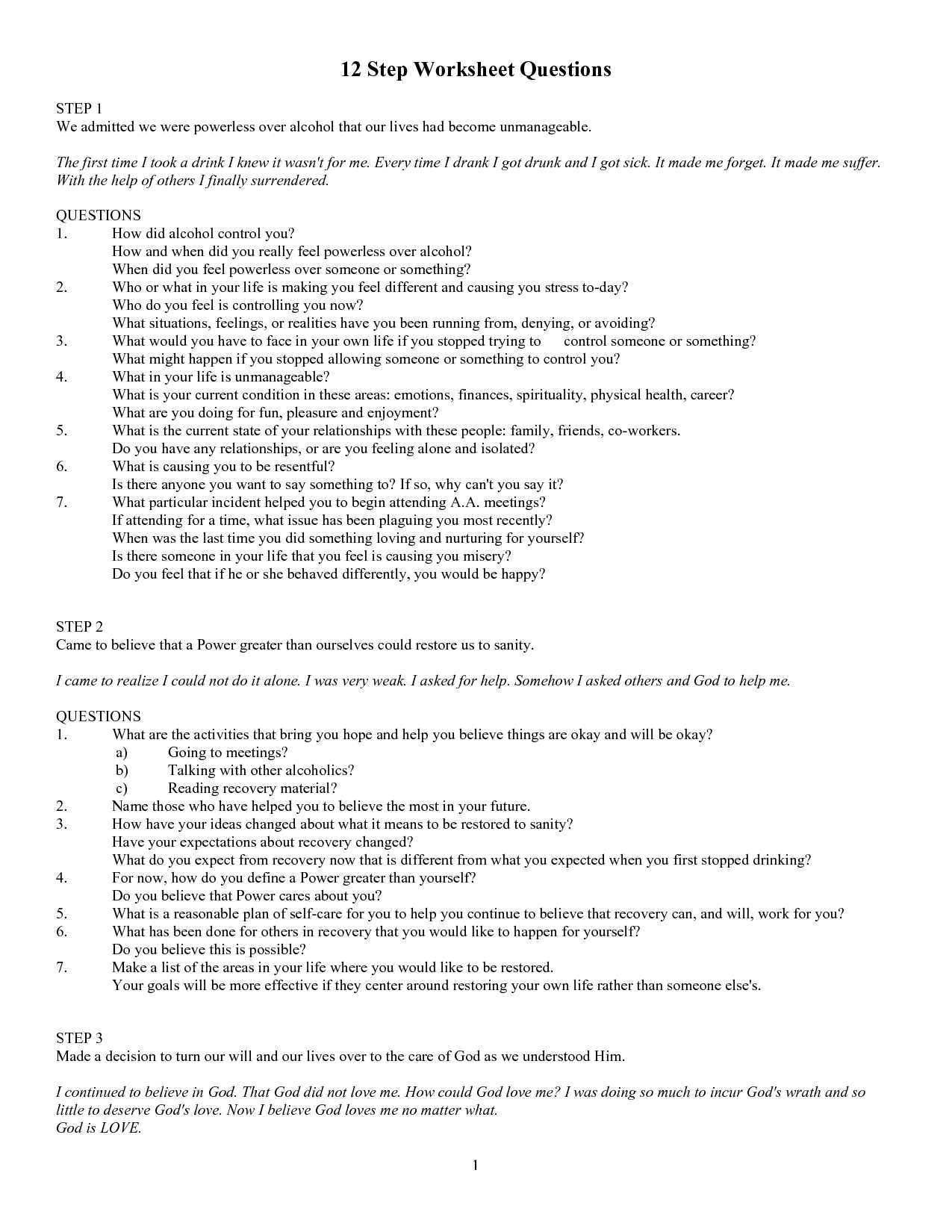 Substance Abuse Group Worksheets and Printable Aa Step 4 Worksheets