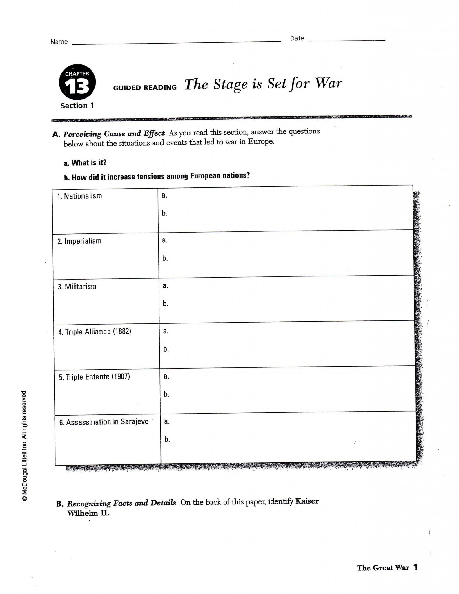 The Treaty Of Versailles Worksheet Answers Also Causes World War 1 Worksheet Causes World War Nationalism
