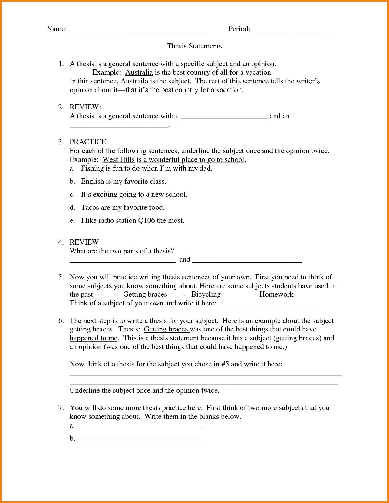 Thesis Statement Practice Worksheet Also thesis Striking In Sentence Inspirations Statement Starters