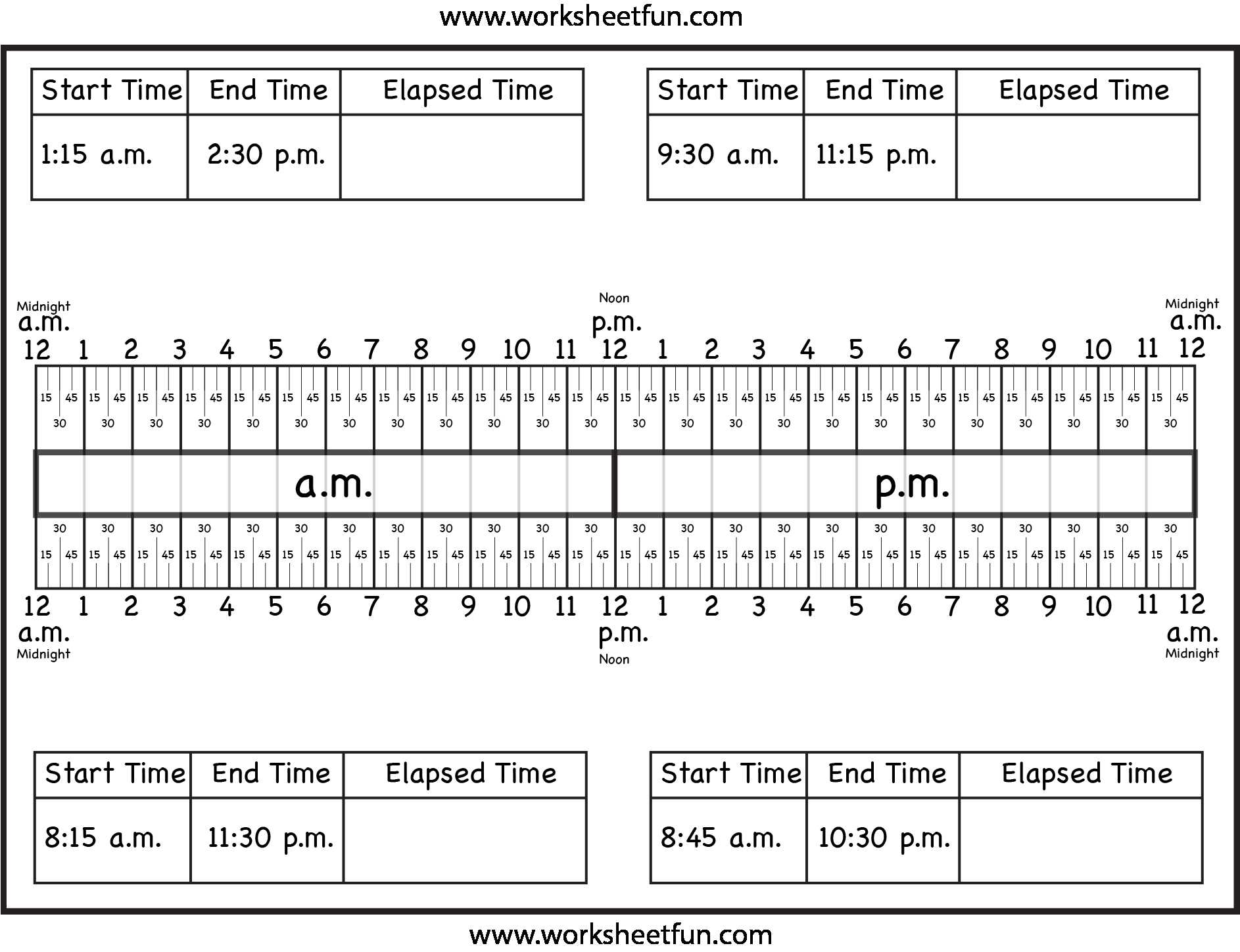 Time to the Hour Worksheets Also Calculate Elapsed Time Using Elapsed Time Ruler – Quarter Hours 15