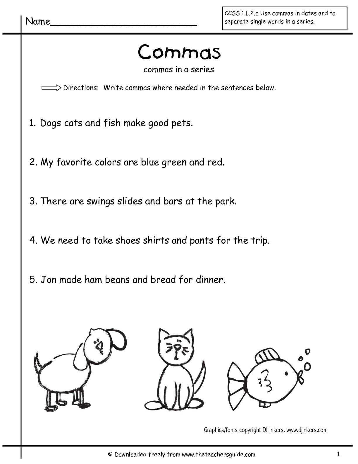 Using Commas Worksheet together with Grammar Worksheets Mas In A Series First Grade Free