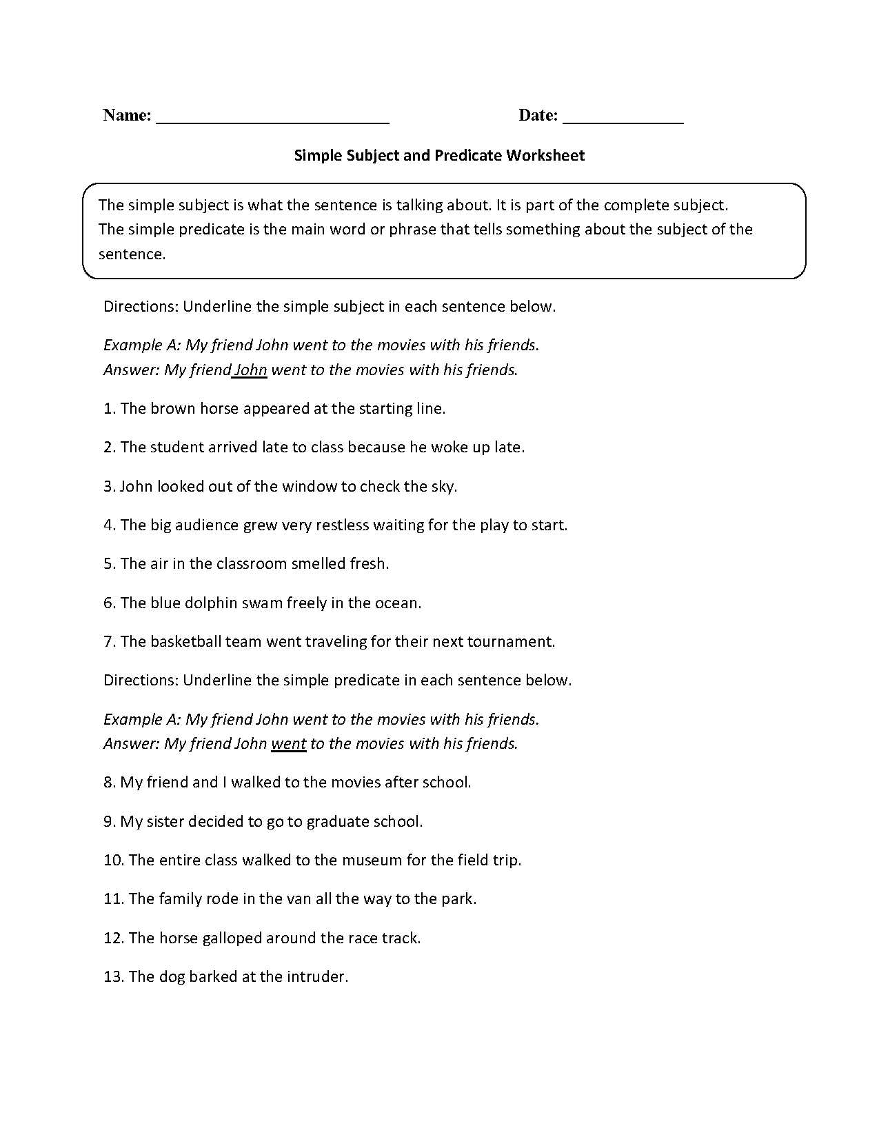 Using Commas Worksheet with Simple Subject and Predicate Worksheet