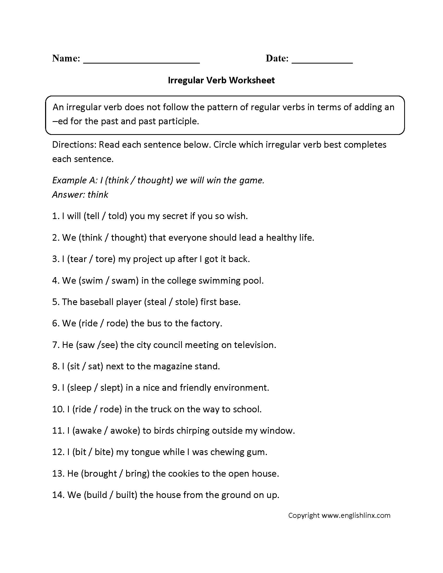 Verbs Worksheets for Grade 1 and Irregular Verbs Worksheets for 1st Grade