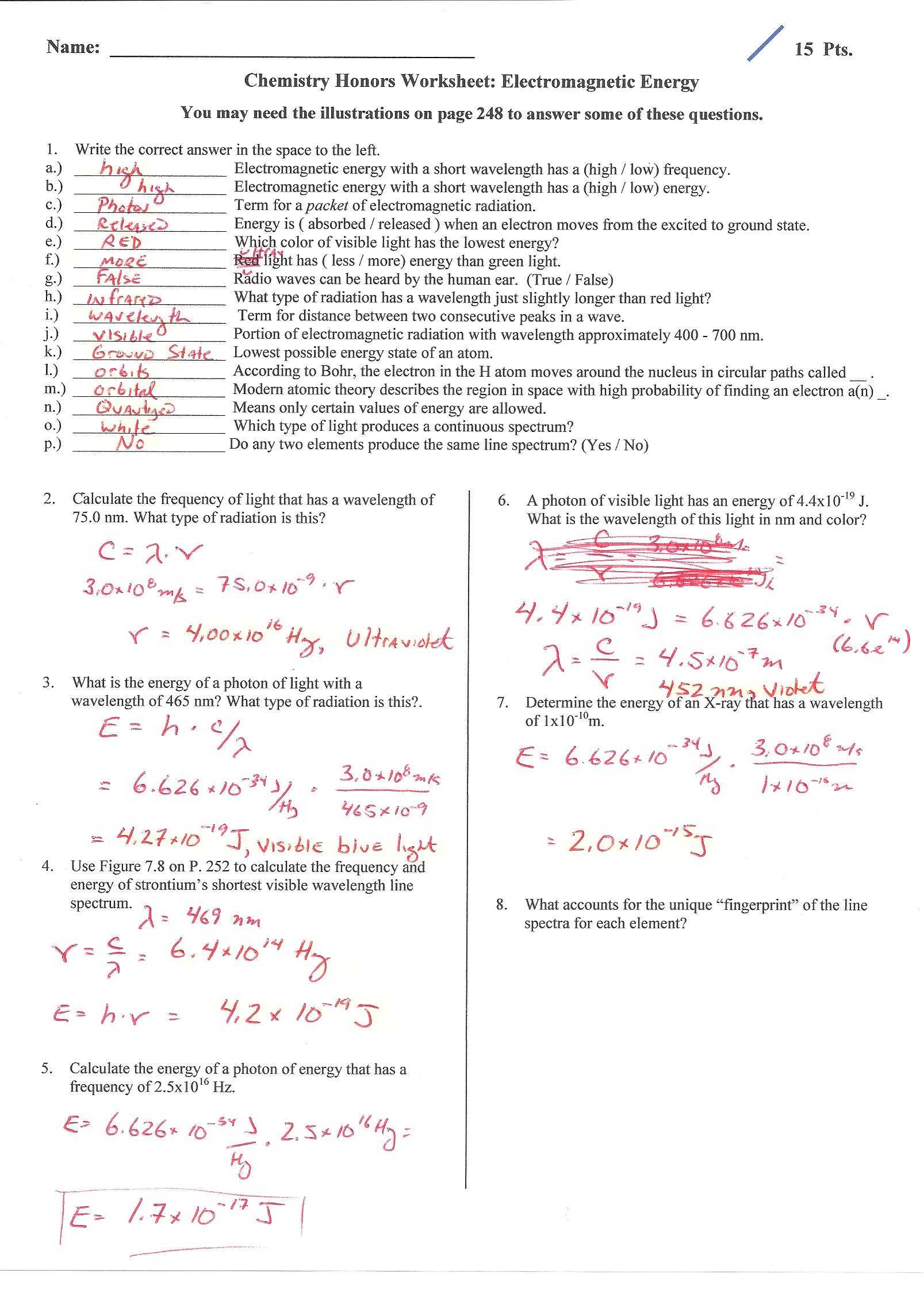 Wavelength Frequency and Energy Worksheet Answer Key with Light and Energy Worksheet Answers