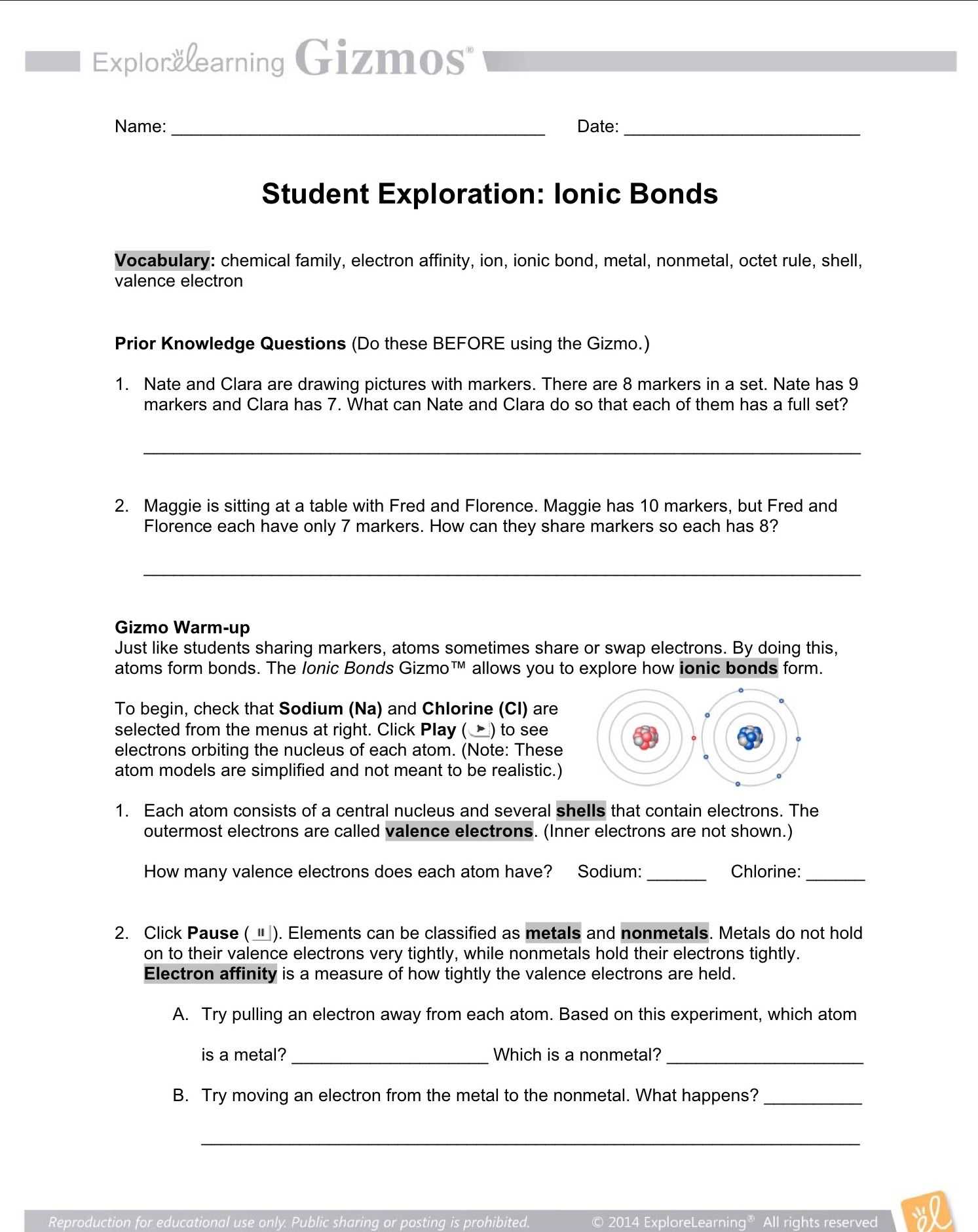 Worksheet 10 Metallic Bonds Answers and Ionic Bonds Student Exploration Gizmo Worksheet
