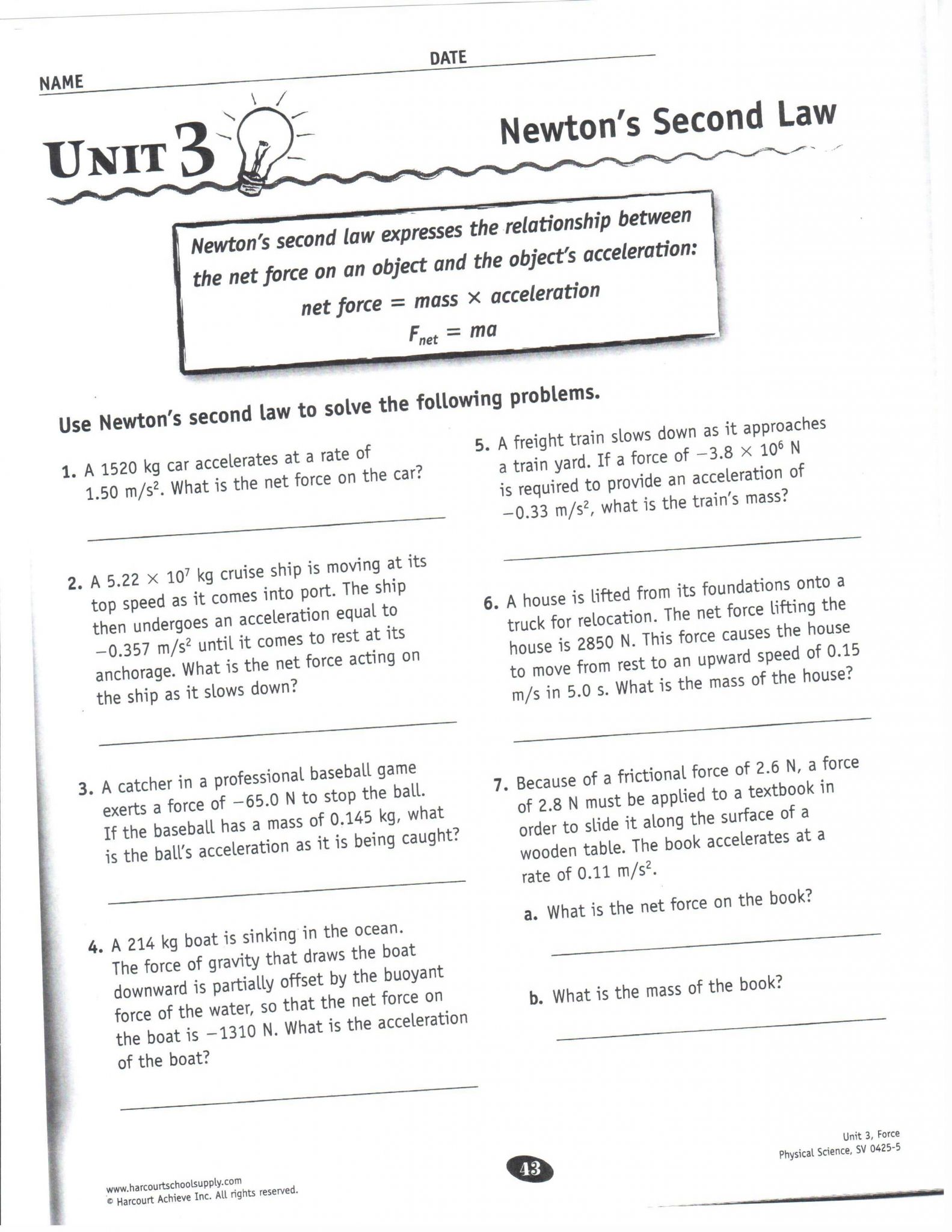 Worksheet Motion Problems Part 2 Answer Key or Newton S 2nd Law Worksheet and Key