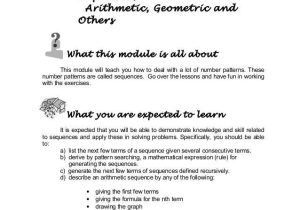 Arithmetic Sequence Worksheet Algebra 1 or Grade 10 Math Module 1 Searching for Patterns Sequence and Series