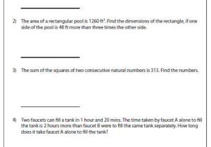 Completing the Square Worksheet Along with Word Problems Involving Quadratic Equations