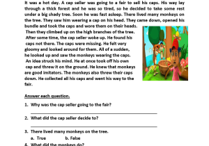 English Worksheets for Grade 1 with Cap Seller and Monkeys Third Grade Reading Worksheets