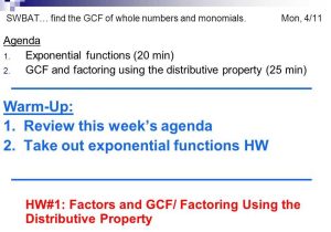 Factoring Using the Distributive Property Worksheet 10 2 Answers Along with Swbat… Find the Gcf Of whole Numbers and Monomials Mon 4 11 Agenda