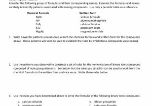 Naming Chemical Compounds Worksheet or Writing formulas and Naming Pounds Worksheet Answers Section 3