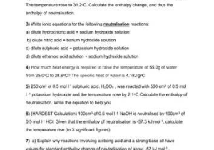 Neutralization Reactions Worksheet Answers Along with Enthalpy Of Neutralisation Questions as Chemistry by