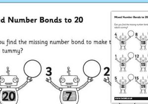Number Bonds Worksheets or Mixed Number Bonds to 20 On Robots Worksheet Activity Sheet