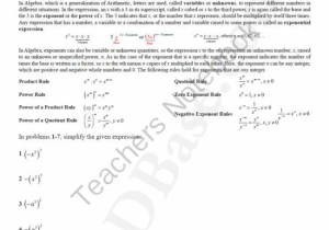 Simple Algebra Worksheets together with Basic Algebra Worksheet 8 Pre Alg Rev Funds Of Exponents 3
