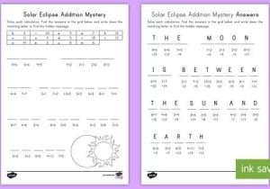 Solar and Lunar Eclipses Worksheet together with solar Eclipse Addition Mystery Worksheet Activity Sheet
