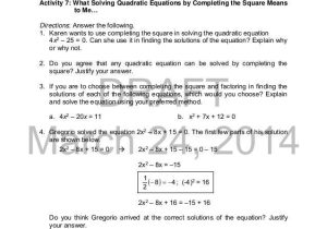 Solving Quadratic Equations by Completing the Square Worksheet as Well as Mathematics 9