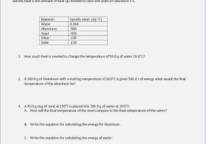 Specific Heat Problems Worksheet Answers as Well as Worksheet Introduction to Specific Heat Capacities