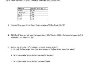 Thermal Energy Transfer Worksheet and Calculating Specific Heat Worksheet New Heat Energy and Transfer